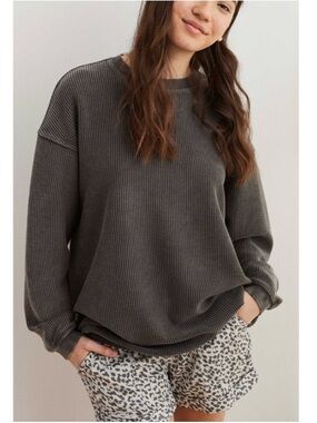 Aerie Love Corded Oversized Ribbed Knit Crewneck Slouchy Sweatshirt Grey Large